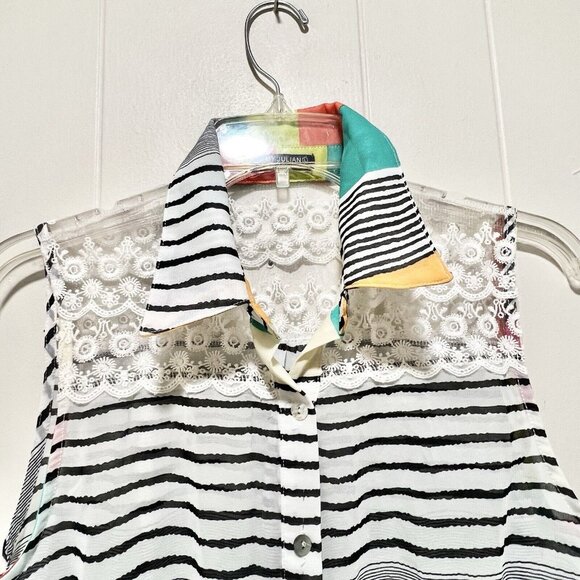 Oh My Julian Sheer Sleeveless Shirt Lace Stripe Colorblock Size Large - Picture 2 of 6